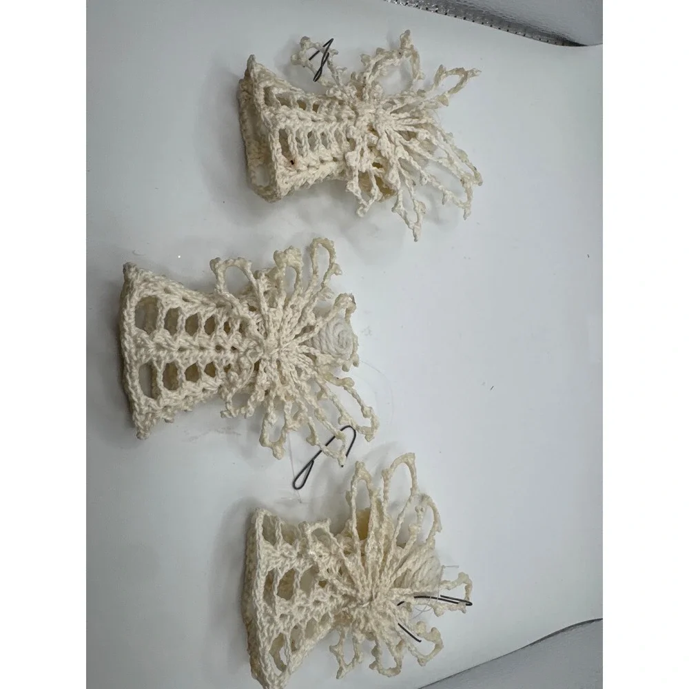 Vintage Handmade Crochet Angel Christmas Ornaments Wood Bead Face Set of 3 Cream